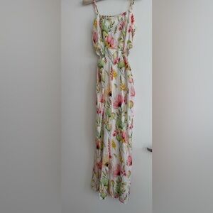 Linen floral waist cutout pant jumpsuit size XS